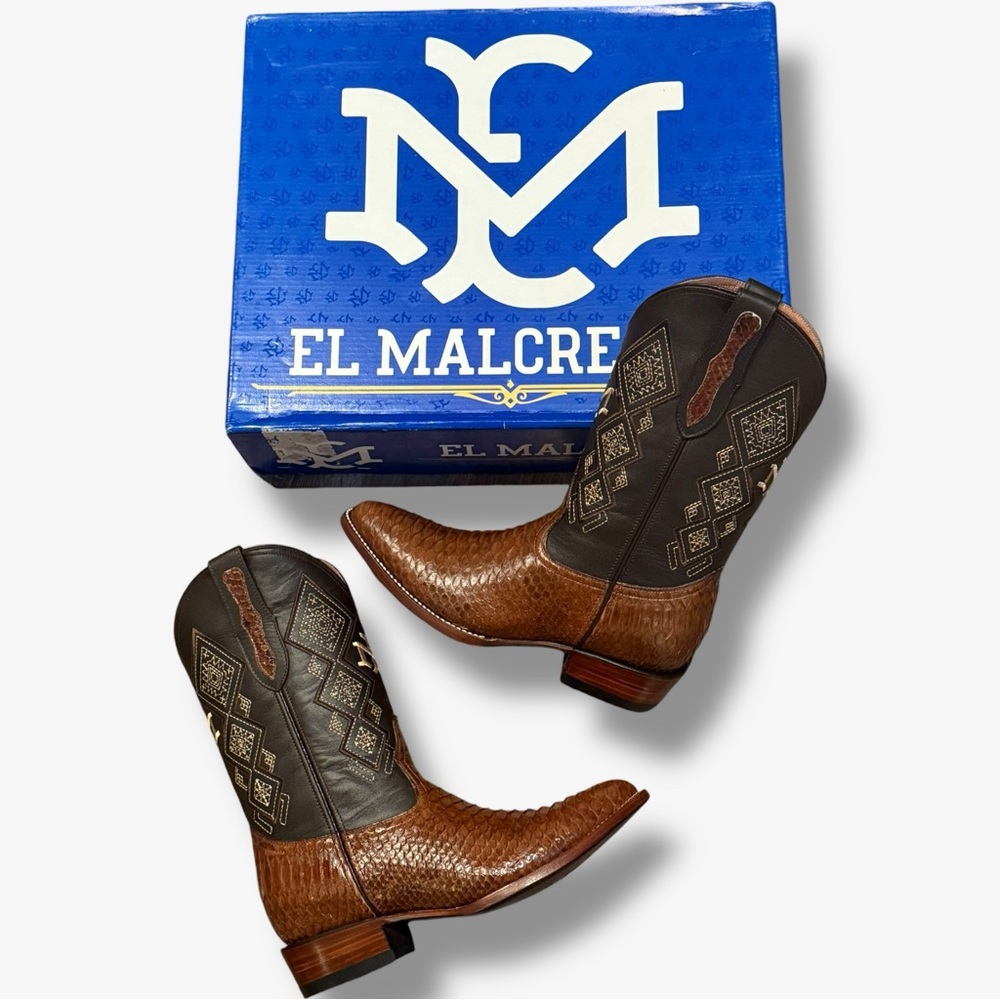 NIB El Malcreado Brown Python Leather Western Boots, Men’s 8.5